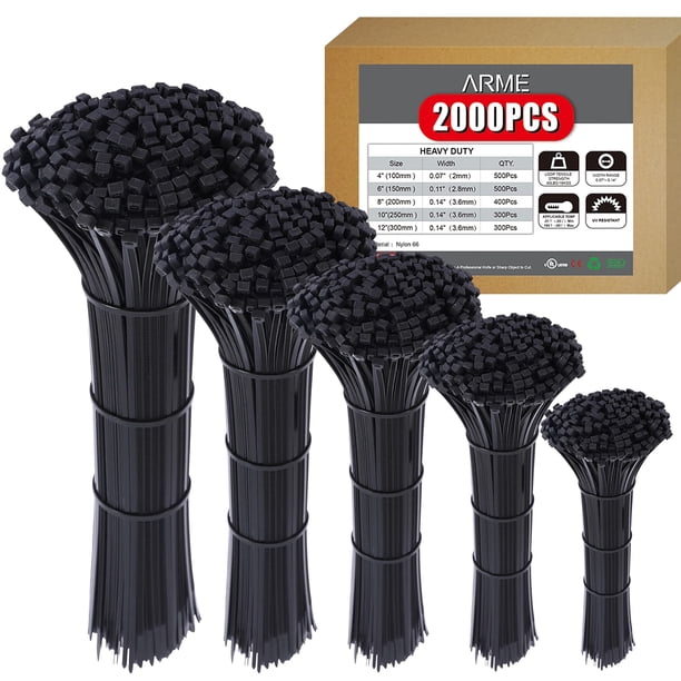 Arme Bridas resistentes con cremallera, 2000 unidades por paquete, bridas para cables negras, bridas para cables con cierre automático, bridas negras de nailon, bridas para cables de alta resistencia,