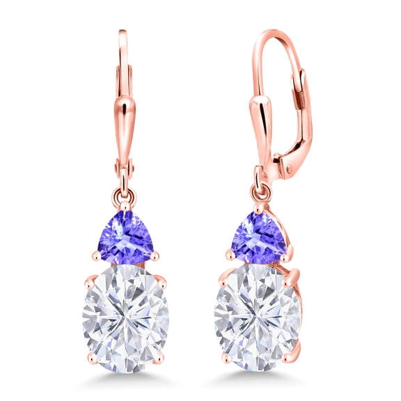 Gem Stone King 18K Rose Gold Plated Silver White Moissanite and Blue Tanzanite Dangle Earrings for Women (6.80 Cttw, Gemstone Birthstone, Oval 10X8MM, Trillion 5MM)