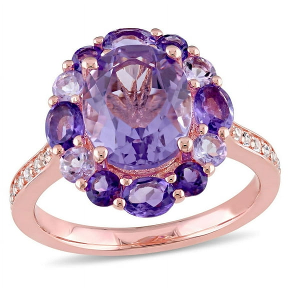 AMOUR 3 3/4 CT TGW Amethyst, White Topaz and Rose De France Floral Ring In Rose Plated Sterling Silver
