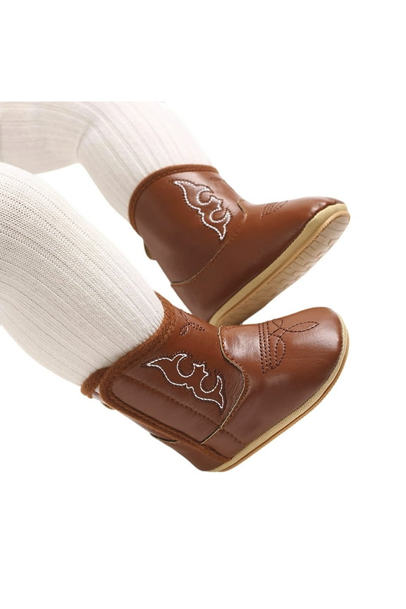 Baby Boots Leather Cowboy Bootie Soft Sole Nonslip Crib Shoes For Infant Newborn Trend Brown Boots Size 0-3 Months