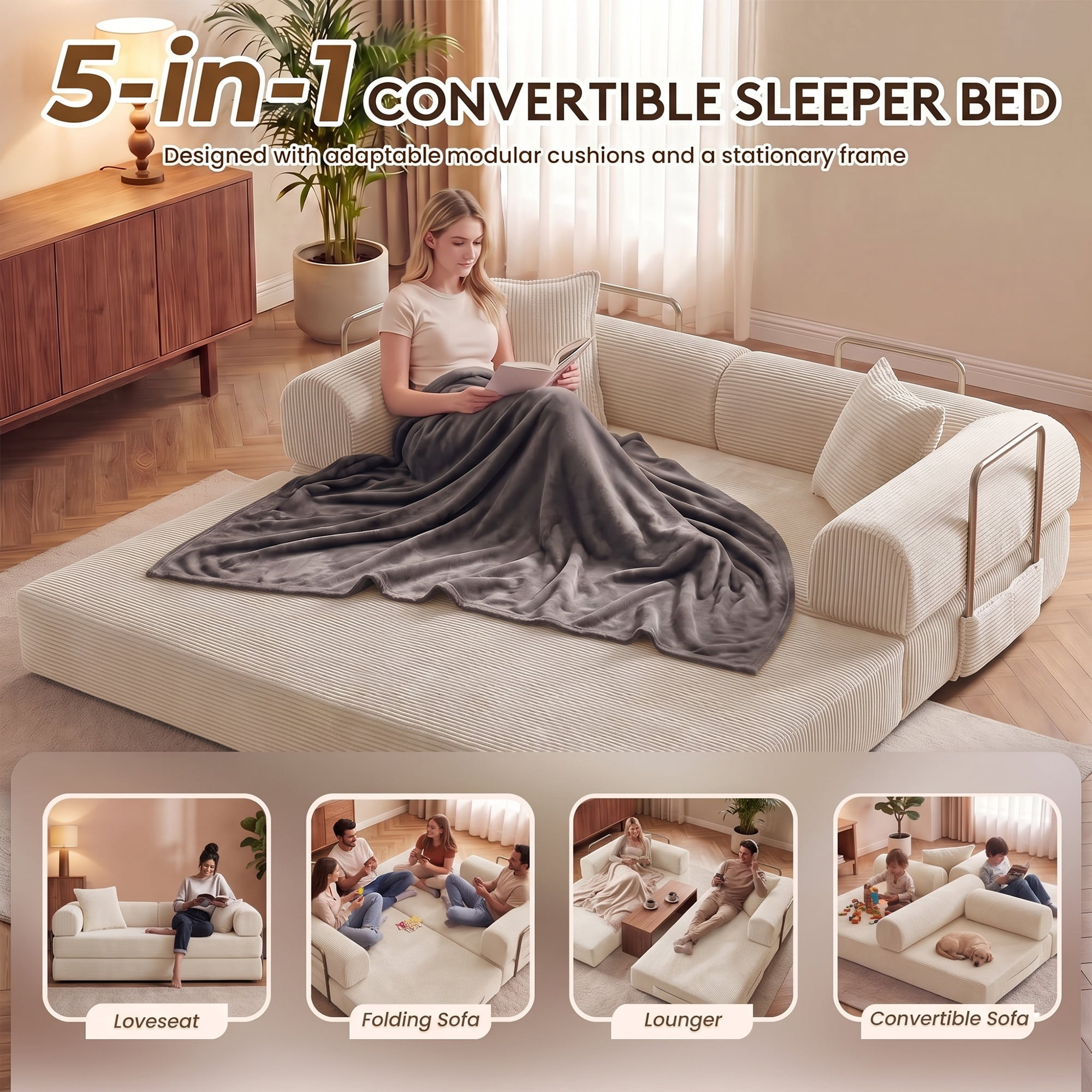 Aukfa 79" Convertible Futon Sofa Bed with Fixed Frame, 5-in-1 Boneless Couch for Living Room, Corduroy, White