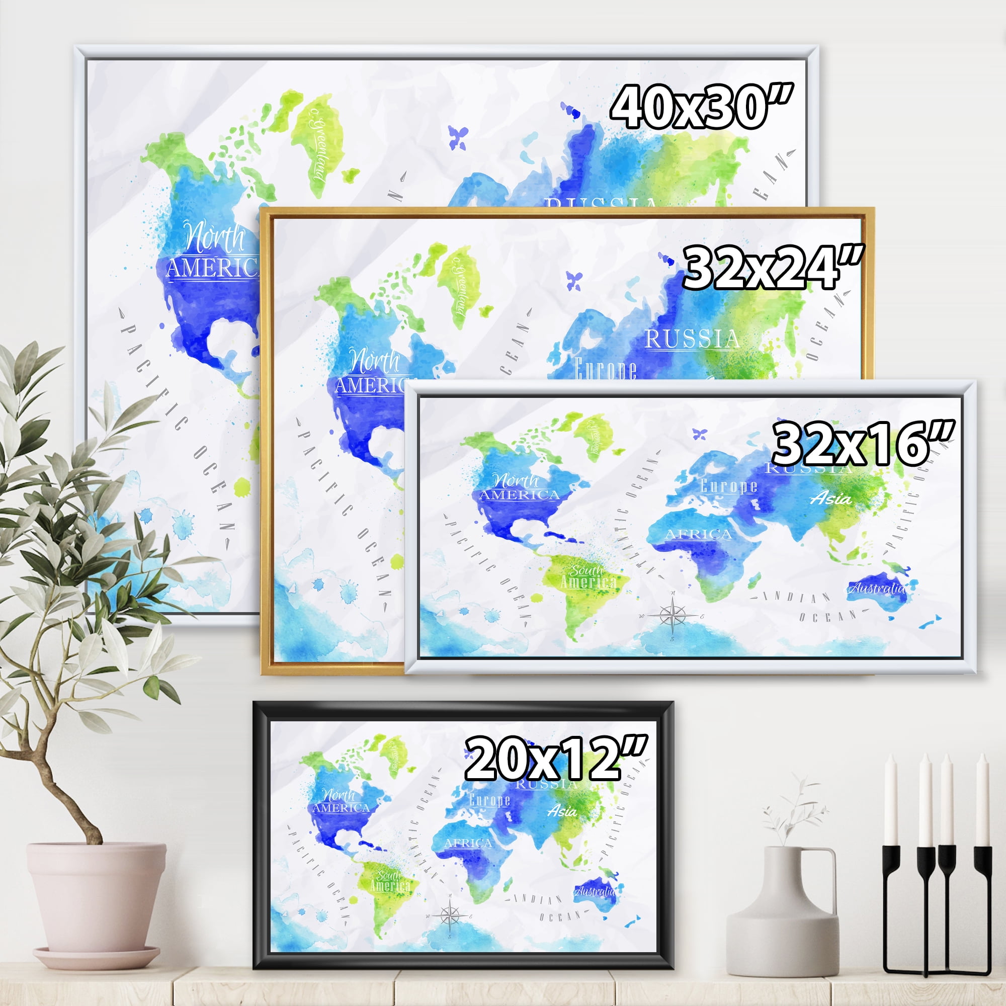 Designart 'World Map In Blue and Green' Modern Framed Canvas Wall Art Print