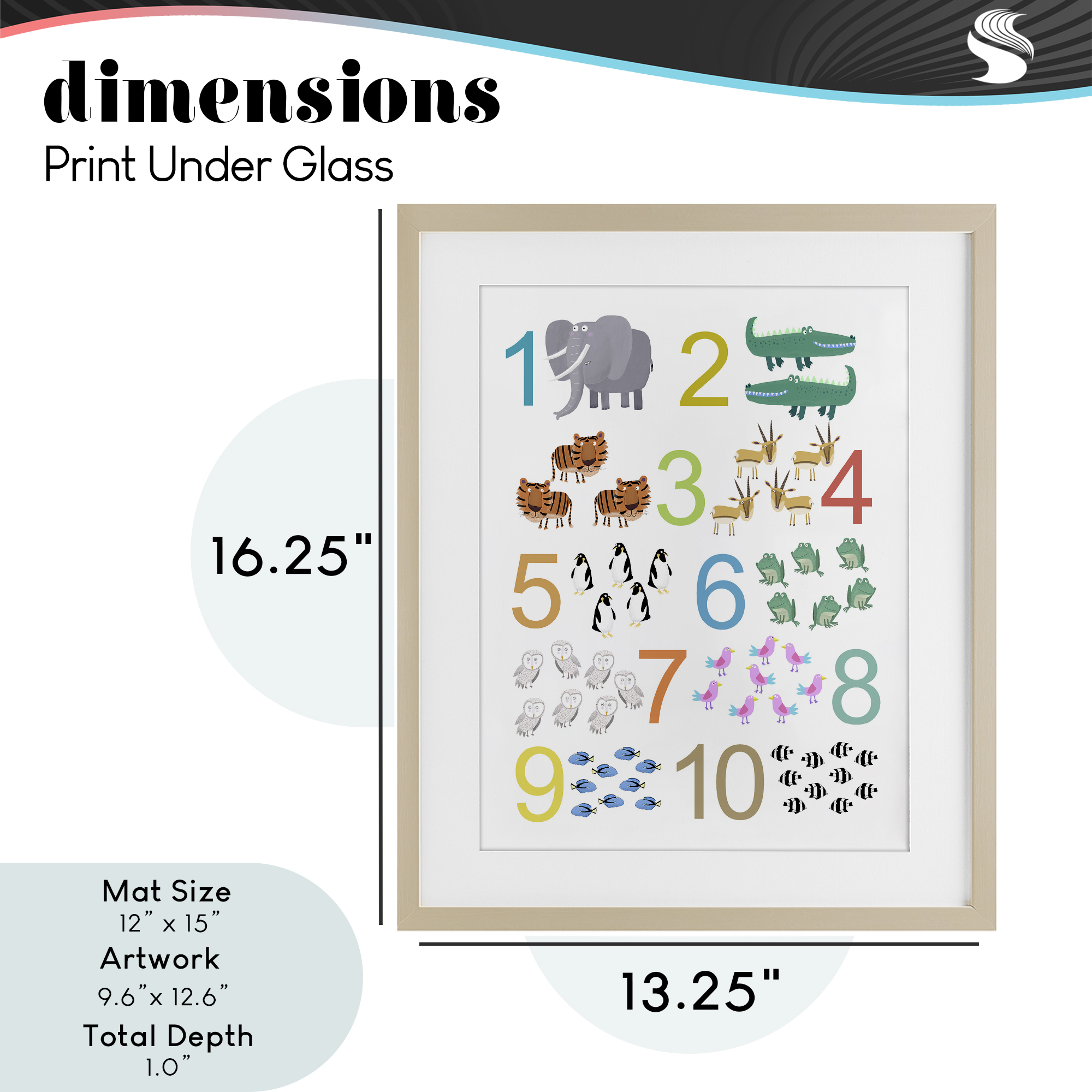 Kid's Counting Animals Birch Framed Print Under Glass, design by Carla Daly