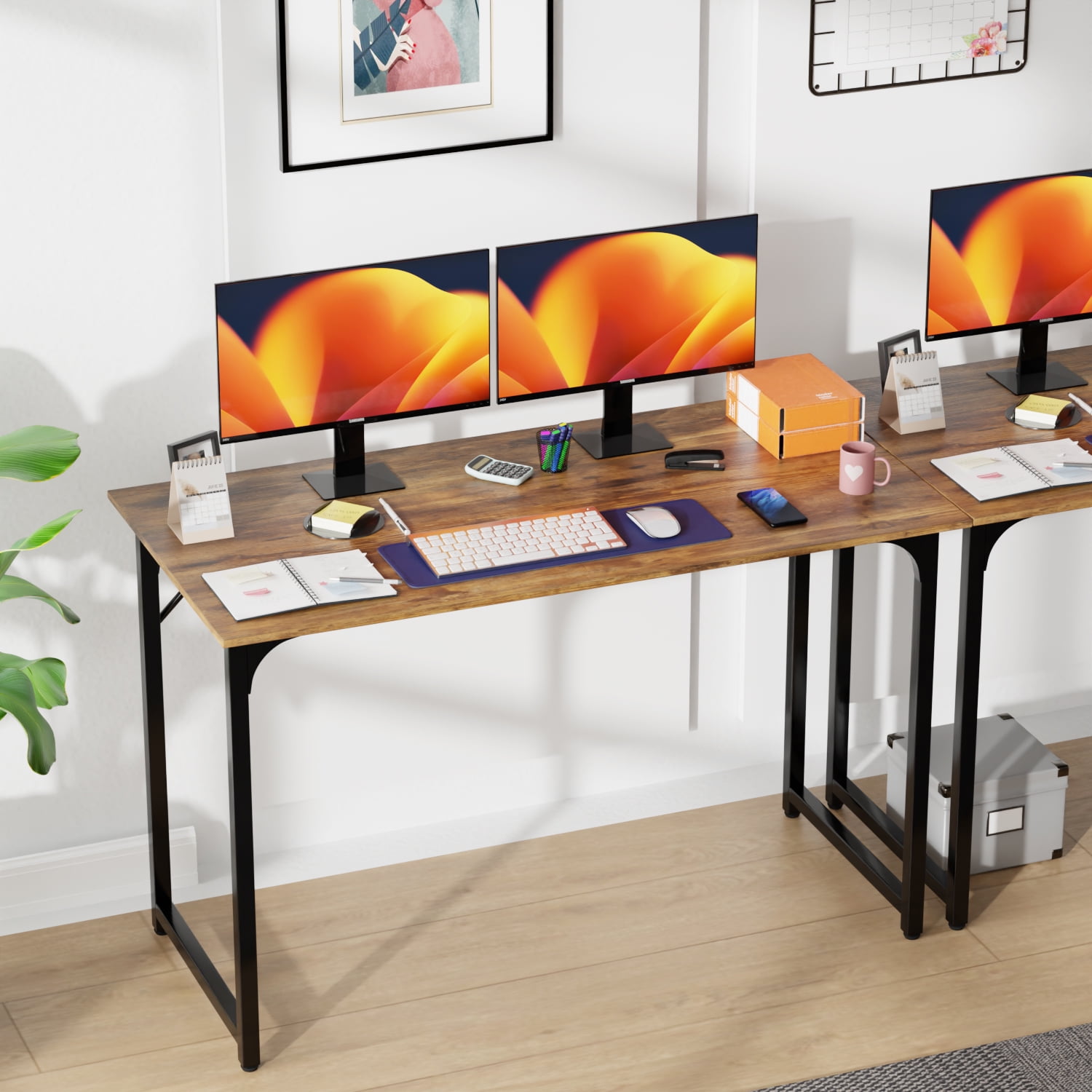 PayLessHere 47 Inch Computer/Office Desk with Metal Frame Adjustable Foot Pads Set of 2,Brown