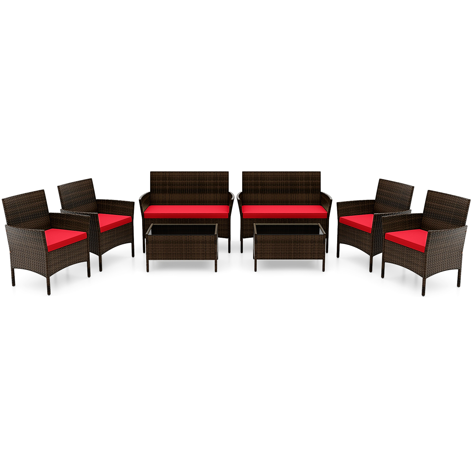 Costway 8PCS Patio Rattan Furniture Set Cushioned Sofa Coffee Table Backyard Porch Red