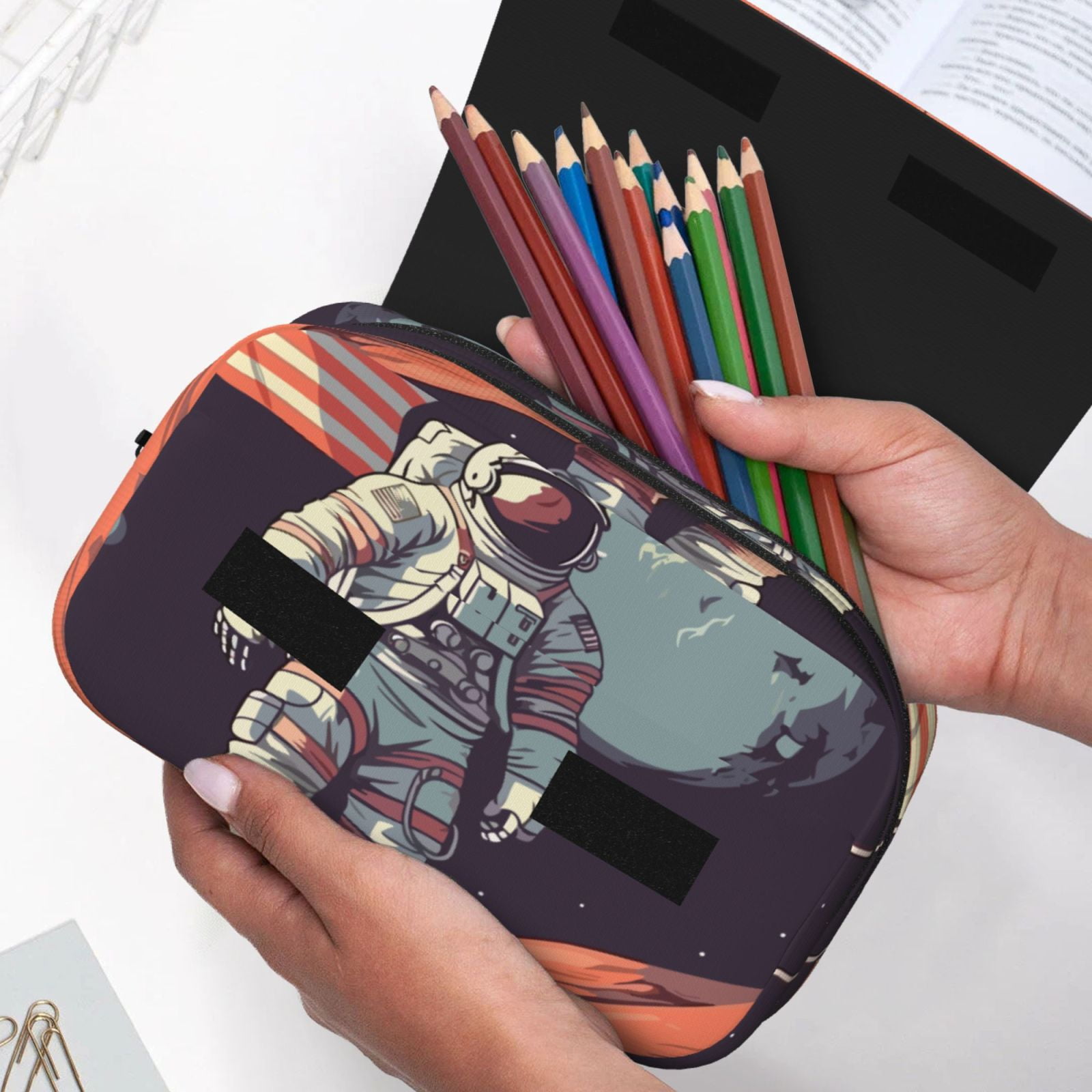 Rateoe Astronaut With American Flag Pattern Double Clamshell Pen Case, Storage Organizer with Two Zipper Compartments– Holds Up to 50 Pencils & Pens