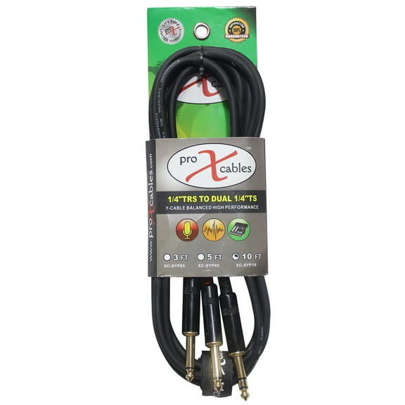 ProX XC-SYP10 10' 1/4" TRS-M Stereo to Dual 1/4" TS-M Unbalanced High Performance Audio Y Cable