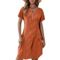 thumbnail image 2 of Tshirt Dress Women Cotton Linen Short Sleeve Crewneck Quarter Zip Midi Dress Casual Summer Dress with Pockets, 2 of 6