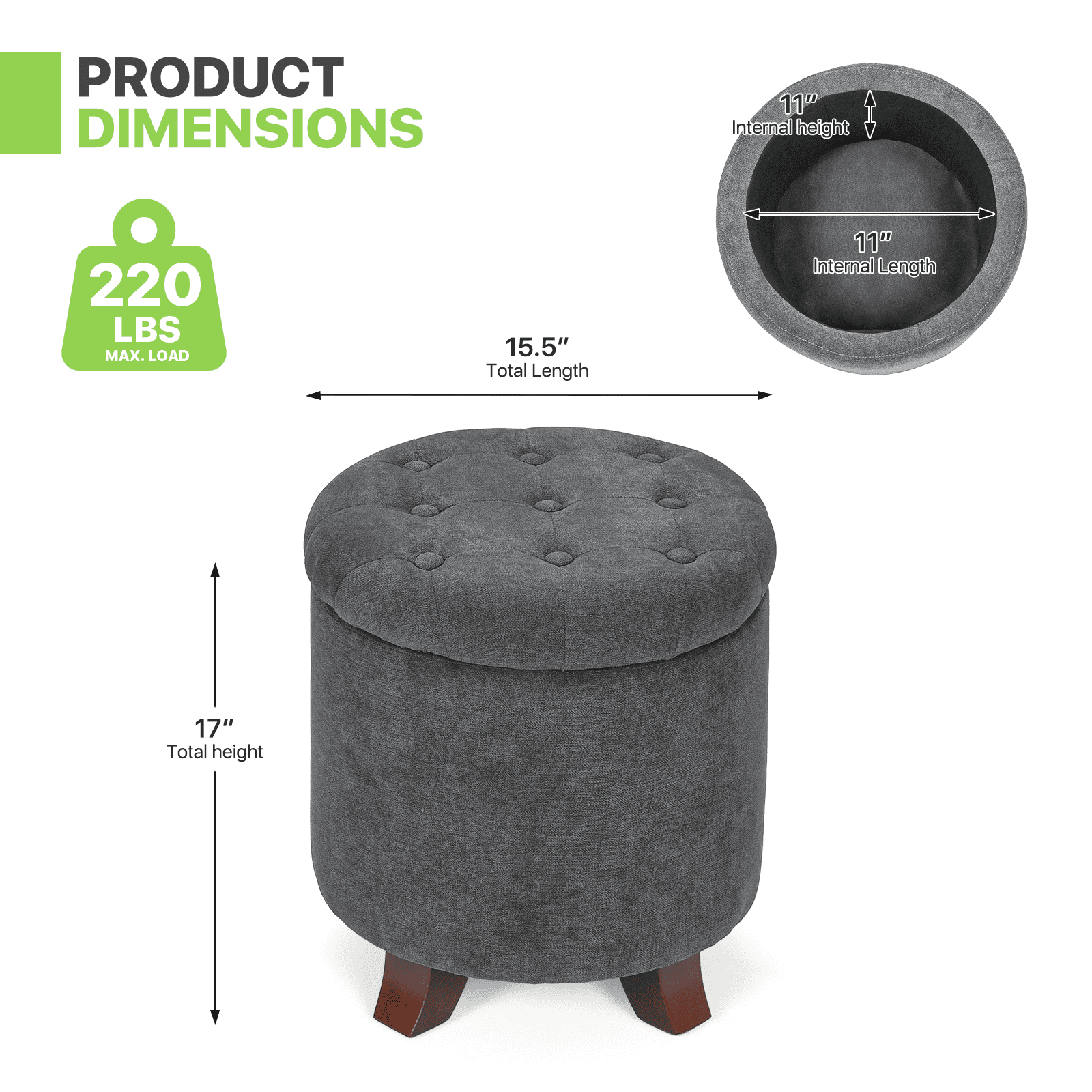 Magshion Storage Ottoman with Padded Seat, Modern Cotton-linen Footrest, Round Seat stool for Living Room Bedroom , Dark Gray