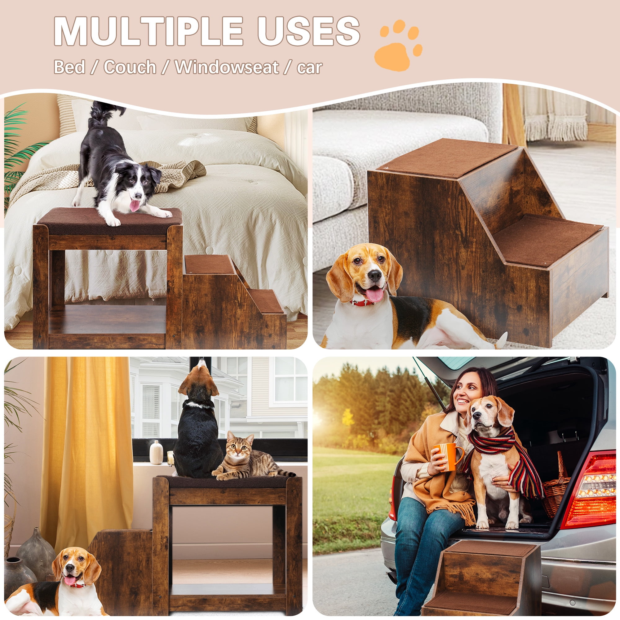 Soges Dog Window Perch with Stairs, Large Dog Window Seat for Home with Non-Slip Removable Soft Pads, Indoor Dog Perch to Look Out Window, Pet Window Perch for Dogs with Steps,Brown