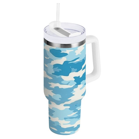 Blue Camouflage Pattern Insulated Tumblers 40oz Double-Walled Stainless Steel Water Bottles Car Handle