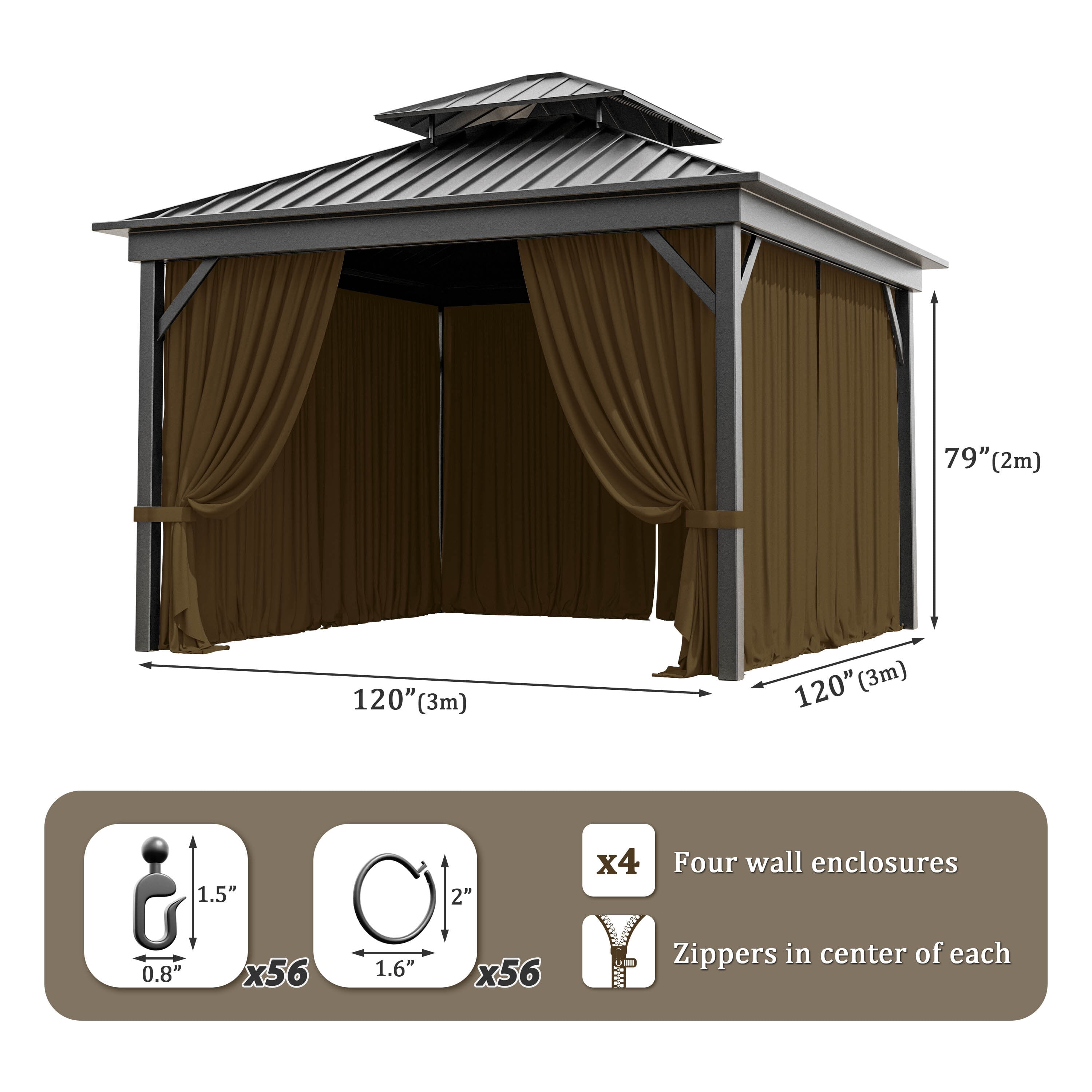 Kimunuk Outdoor Replacement Curtains for 10' X 10' Gazebo, Waterproof 4-Panels Chocolate Gazebo Universal Privacy Sidewall Curtains with Zipper for Patio Garden Backyard, Curtain Only