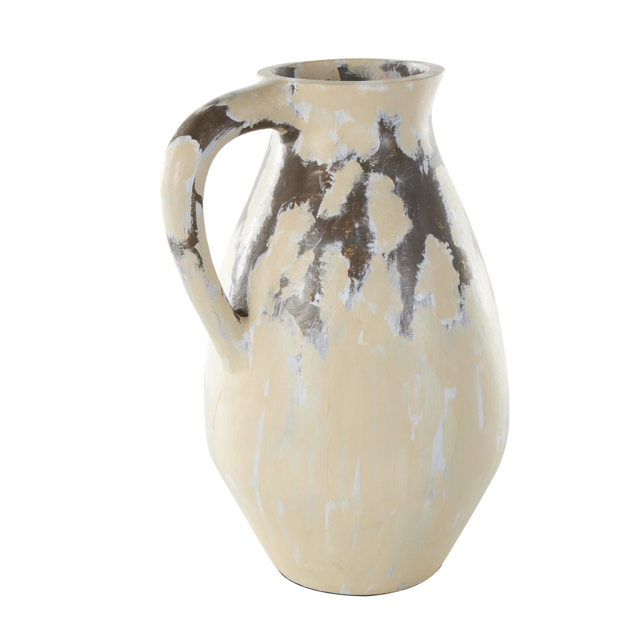 DecMode 19" Antique Style Pot Cream Ceramic Vase with Curved Handle
