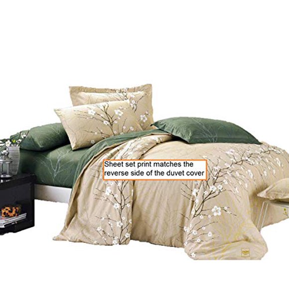 Ensemble de Literie en Coton 100 % Motif Fleur de Cerisier : Drap-Housse, Drap Plat et Deux Taies d'Oreiller Assorties (Grand Lit)