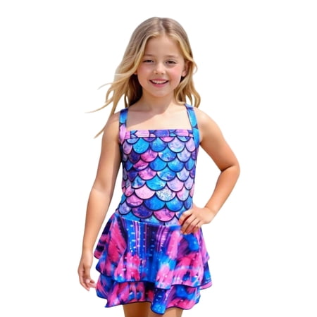 NAFUU Baby Girls Swimsuit Scale Two Layer Ruffle Skirt Bathing Suit For Toddler Kids Tankini Tops For Girls Swimwear Sizes 4-5 Years