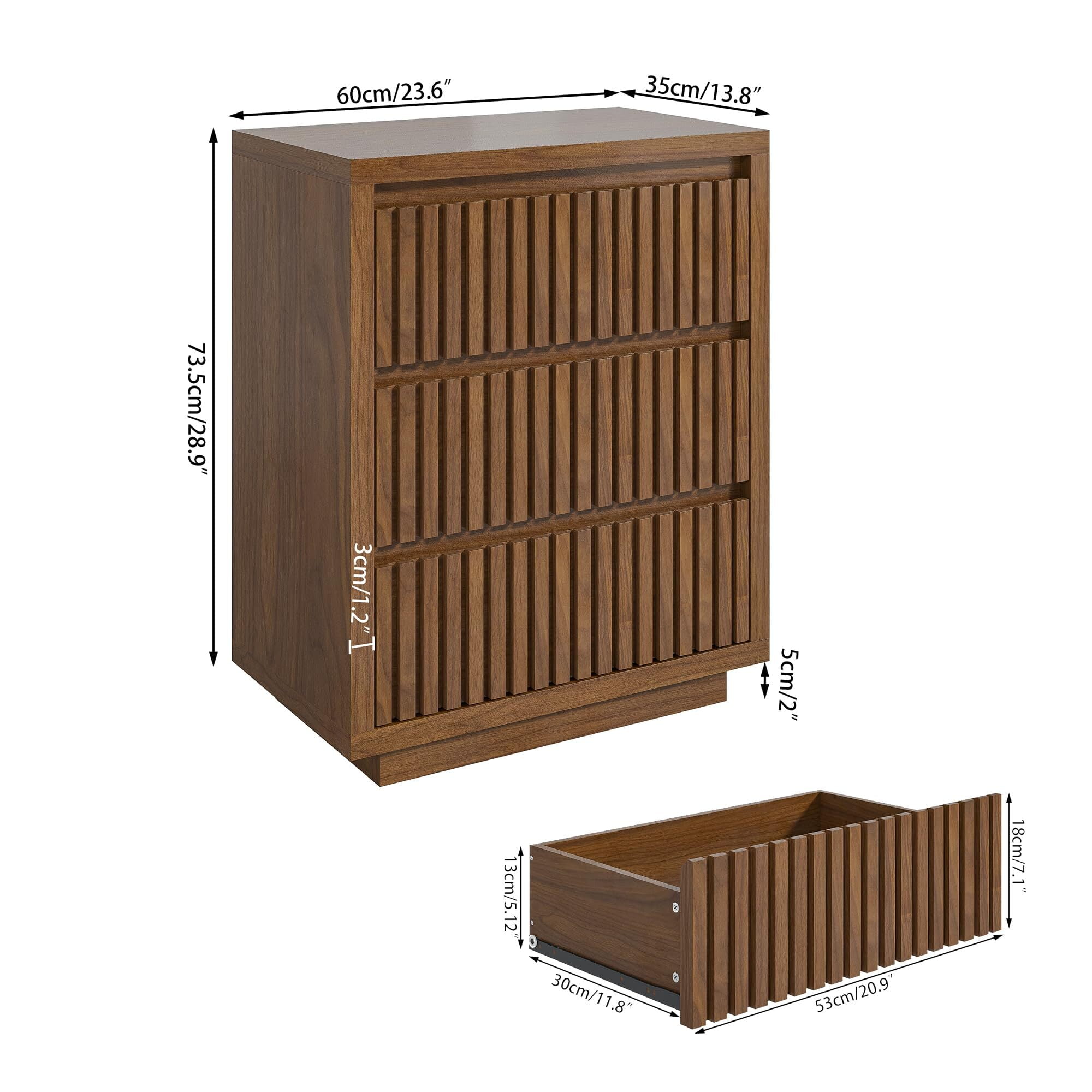 Fluted 3 Drawer Dresser, Mid Century Small Wood Chest for Bedroom, Modern Closet Clothes Organizer, Walnut Brown Storage Cabinet