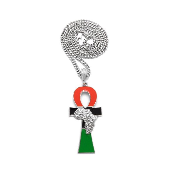 iJewelry2 Afro-American Colored Coptic ANKH Nugget Design Cross with Africa Motif Silver Tone Cuban Chain Pendant Necklace 18''
