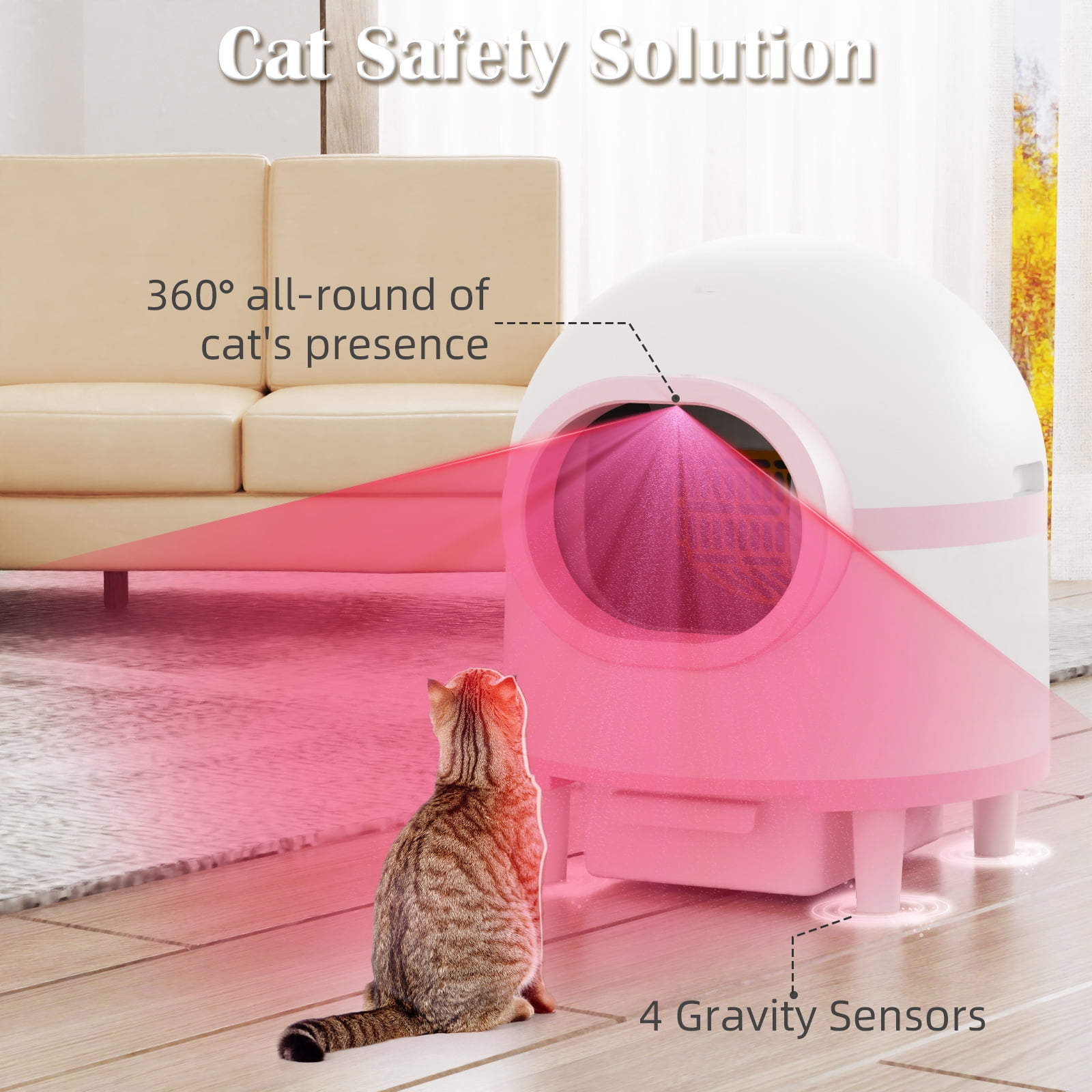OUDOSPRS Self Cleaning Litter Box, Automatic Cat Litter Box Self Cleaning Large Capacity for Multiple Cats, App-Controlled with Safety Sensors,1 Rolls Garbage Bags,Pink