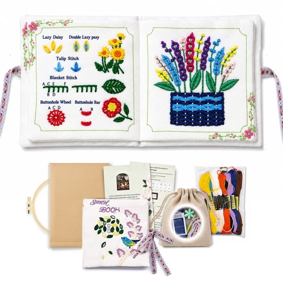 DYONDER Beginner Embroidery Stitch Practice Kit, Pre-Printed Cuttable Fabric, Sewing Needles, 20 Stitch Tutorials, Instruction Manual