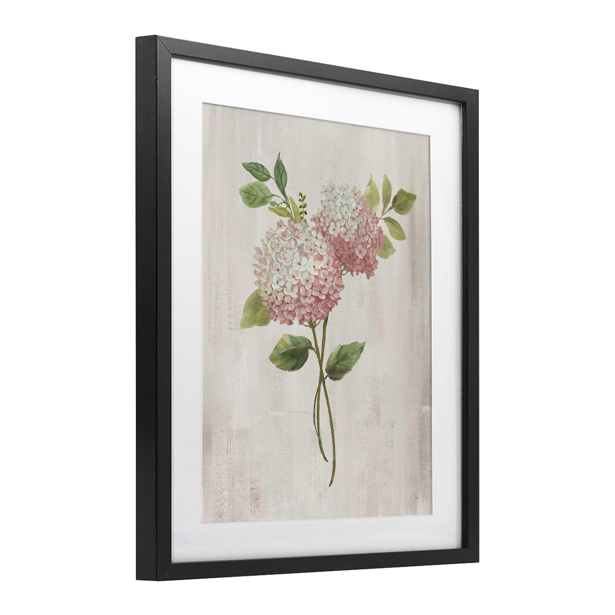 Stupell Industries Pink Hydrangea Paired Stems Black Framed Print Under Glass, design by Nan