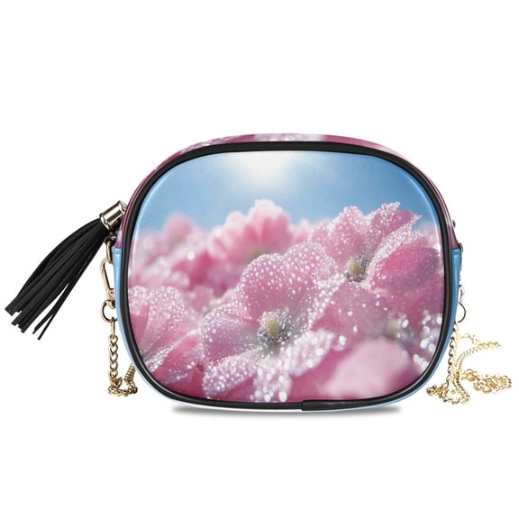 Womens Casual Chain Shoulder Bag Simple style Pink Flowers with Dewdrops Crossbody Bag