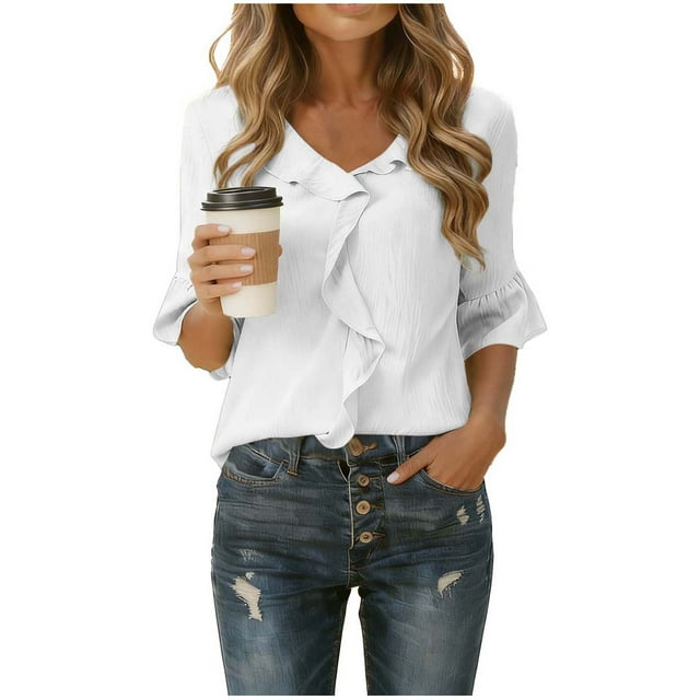 BLVB Womens Dressy Casual Blouses Half Sleeve V Neck Ruffle Tops Business Ladies Spring Summer Fall Trendy Fashion Work Shirt