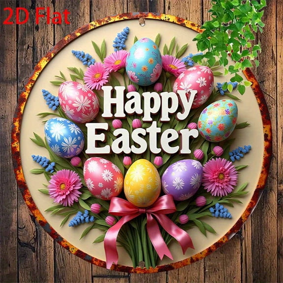 HELLOYOUNG Vintage Tin Sign 8x8 Inch 2D Flat Round Wall Art Decor for Home Kitchen Bar Cafe with Easter Eggs Flowers English Pattern Aluminum Metal