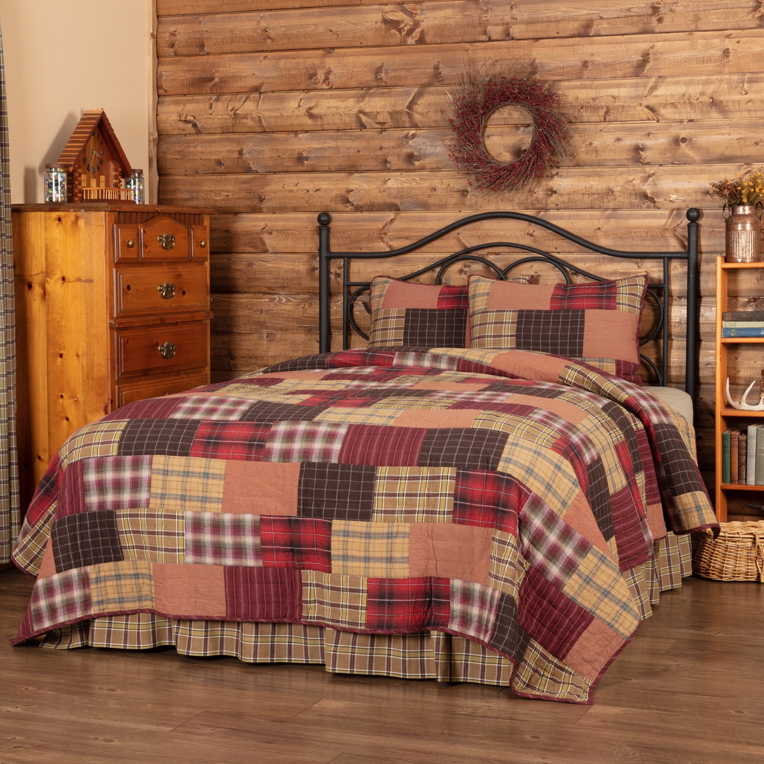 Crimson Red Rustic Bedding Laramie Cotton PreWashed Patchwork Plaid Rectangle King Quilt Set