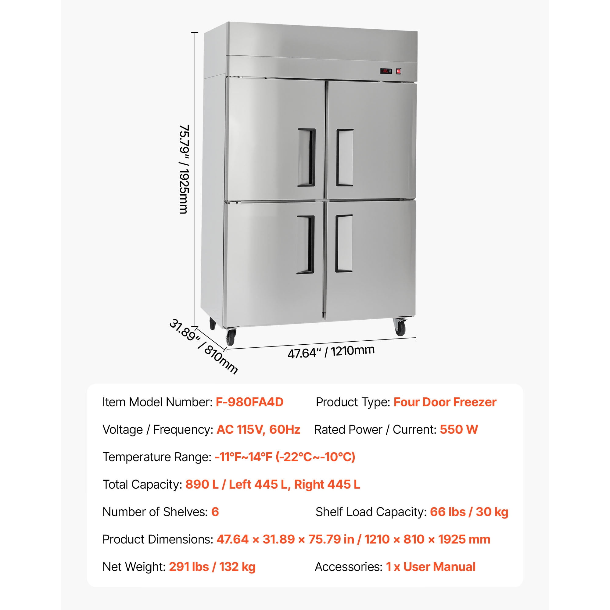 KFFKFF Commercial Upright Freezer, 47.64 in Wide Four-Door Design, 31.4 Cu.ft Capacity with Auto-Defrost, Stainless Steel Build, 6 Adjustable Shelves, -11 to 14℉ Temperature Range, LED Lighting