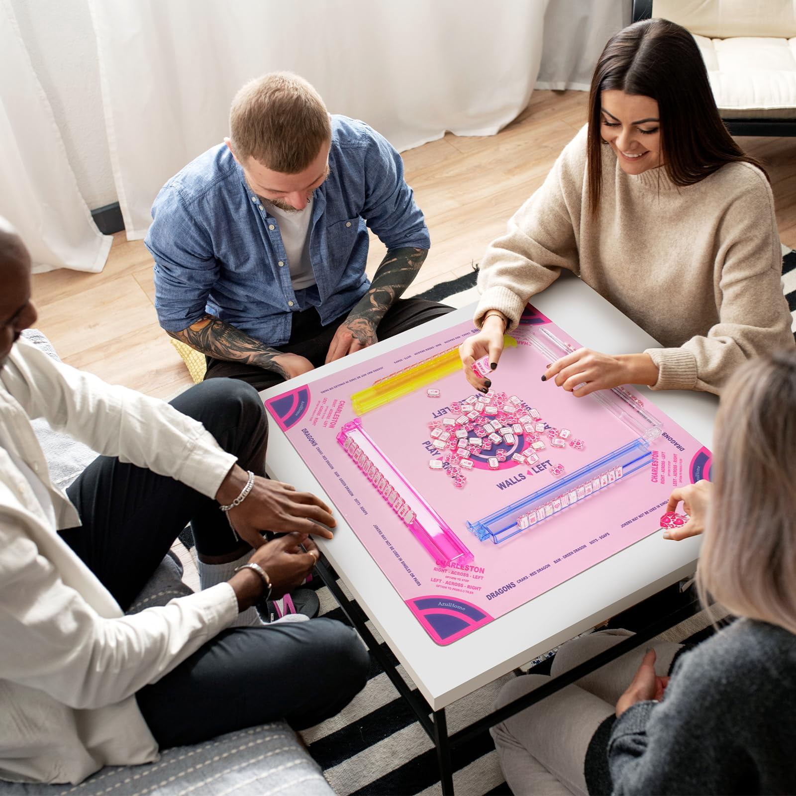 Pink "Love" Mahjong Set | 166 Transparent Tiles (1.18") with Heart Accents, 2 Dice & Blue Case | Complete Game