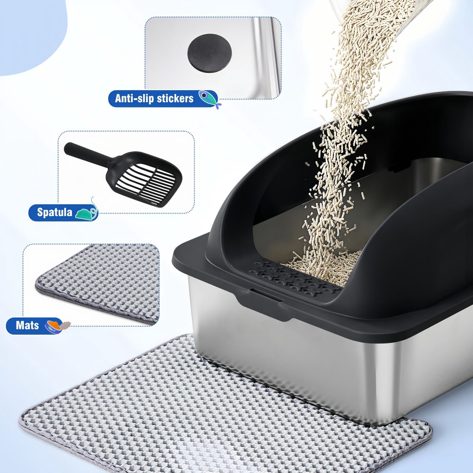 Kelno Cat Litter Box with Lid Scoop Mat High Wall Anti-Urine Leak Stainless Steel Litter Box, Black