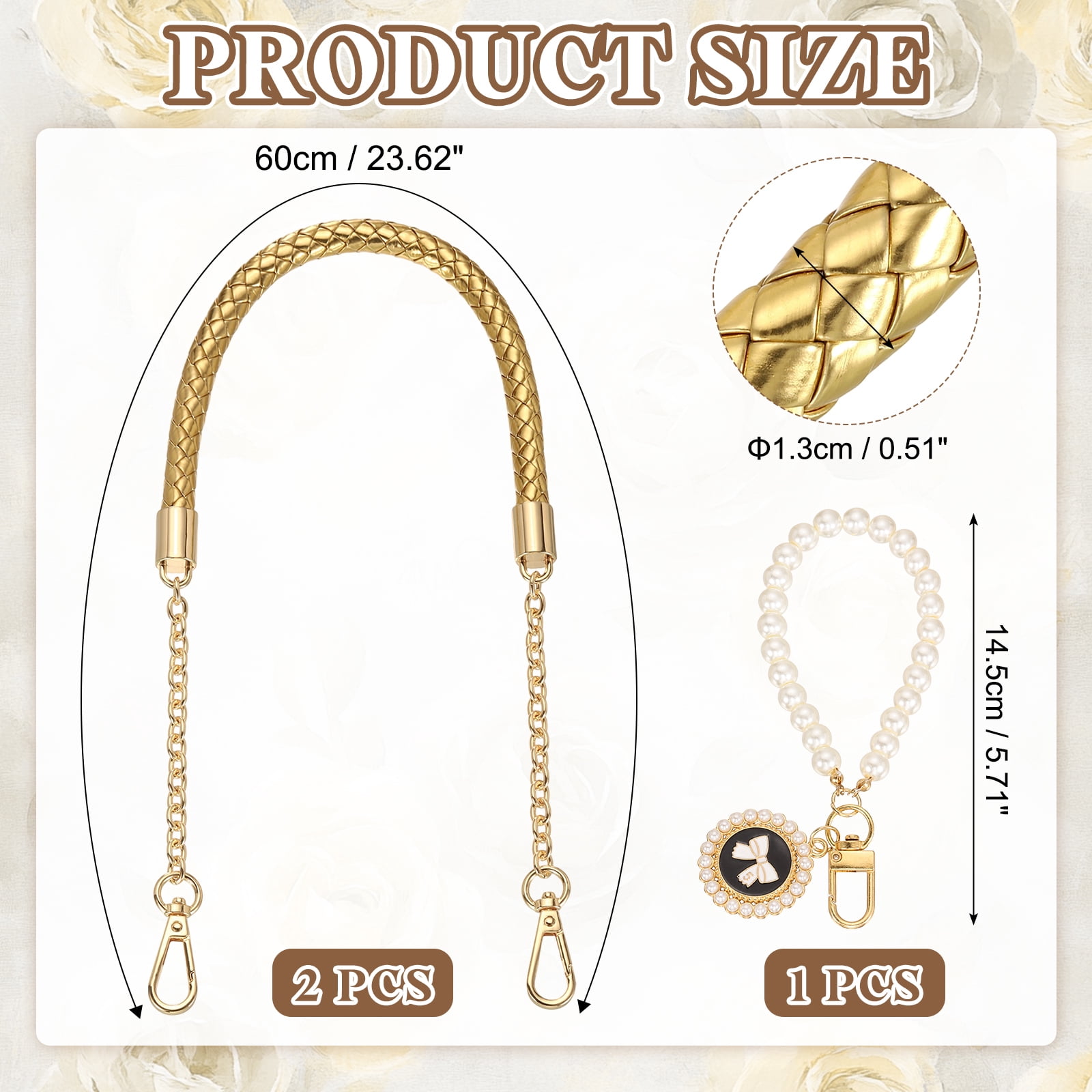 Uxcell 2 Pcs PU Leather Chain Purse Strap, 23.6 Inch Braided Purse Handles Replacement Strap with Pearl Pendant for Tote Bag Handbag Underarm Bag (Gold, Light Gold Chain)