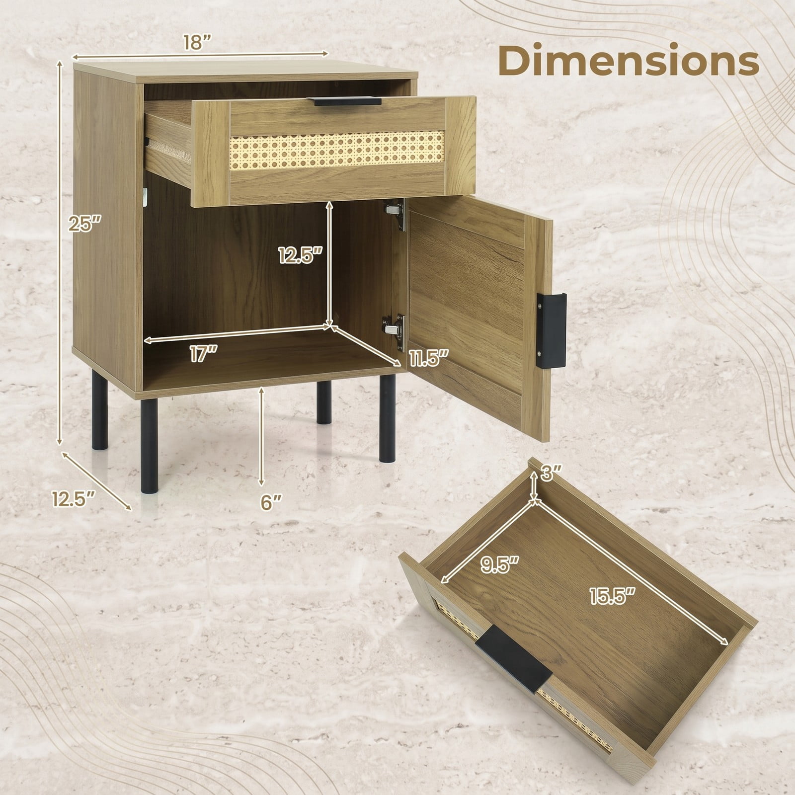 Furnibear Set of 2 Rattan Nightstands with Drawer and Storage Cabinet plus Metal Legs for Bedroom Dorm and Guest Room, Natural