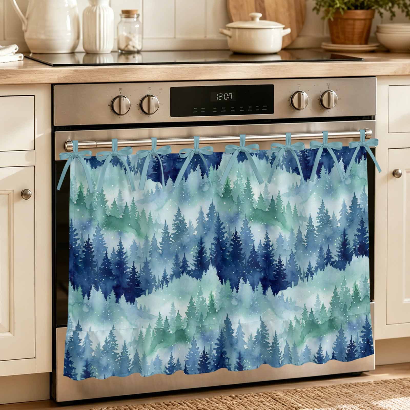 Oven Skirt Curtain for Kitchen 24x32 Inch Navy Blue Forest Oven Curtain with 8 Ribbon Ties & Ruffle Trim Stove Skirt Curtain Dishwasher for Cabinets Over Sinks Blue Ombre Trees Abstract Art