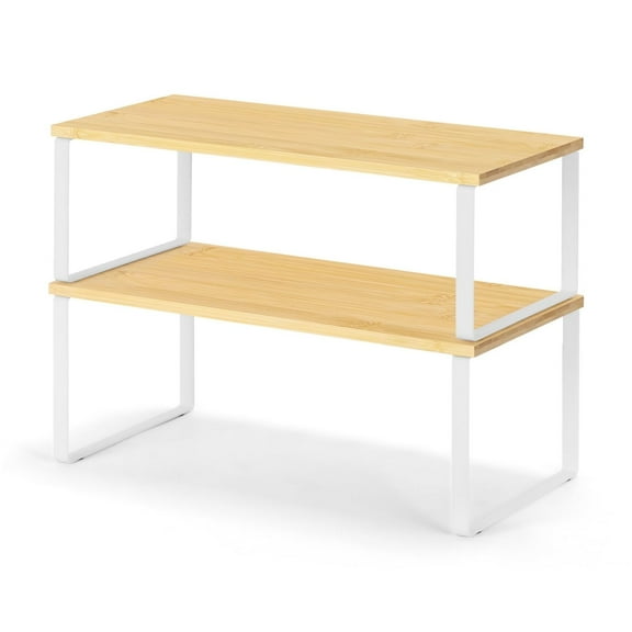 Set of 2 Extra Long White Bamboo Spice Racks, Expandable Kitchen Countertop Organizer Shelves for Cabinet & Pantry Storage - Space-Saving Design for Seasoning Jars & Bottles