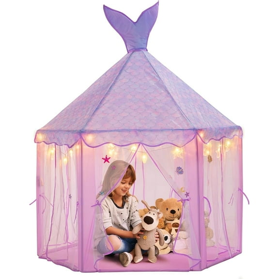 Princess Tent for Girls with Lights, Large Pretend Play Tent Castle w/Carry Bag & Stickers & Detachable Fishtail Top Indoor, 67”x55” Ocean-Theme Kids Playhouse Gift for Toddler Age 3