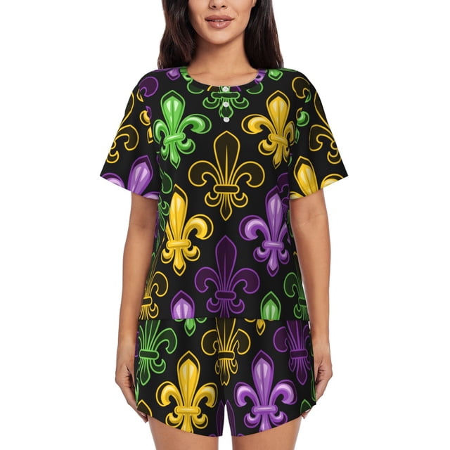 Balery Mardi Gras1 Conjunto de Pijama para Mujer con Estampado, Dos Piezas de Manga Corta y Shorts, Ropa de Dormir Suave con Cuello Redondo y Bolsillos-X-Large