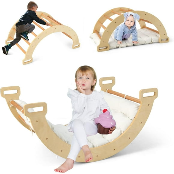 INFANS 4 in 1 Arch Climbing Toys for Toddlers, Montessori Wooden Arch Climber Ladder Structure and Rocker with Cushion Pad, Waldorf Children Indoor Gym Learning Playset for Kids Boys Girls (Natural)