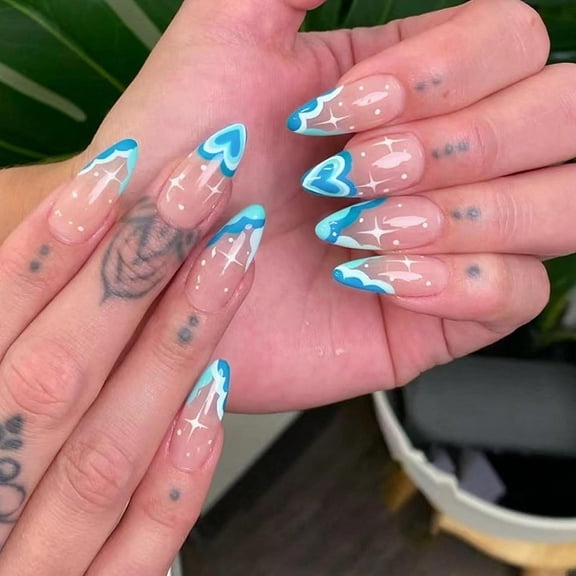 Press on Nails Medium Almond Fake Nails Glossy Glue on Nails Summer Stiletto Acrylic Nails Blue Heart French Tip Arificial Nails Cute Star False Nails with Design 24 pcs 021A07Blue 0.04 Fl Oz