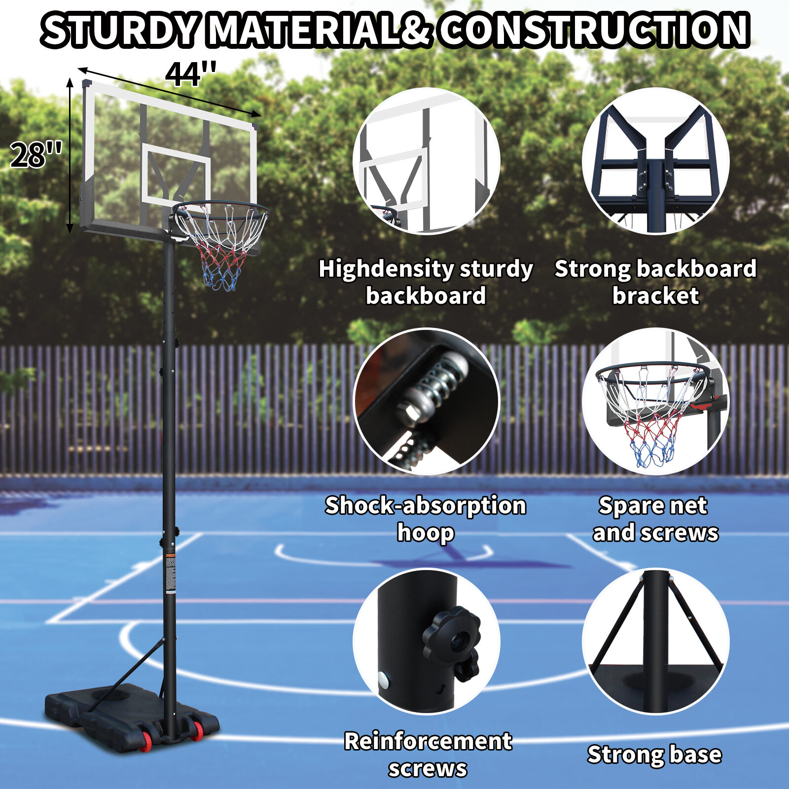 Basketball Hoop Use for Outdoor Height Adjustable 5.7 to 10ft Basketball Hoop 44 Inch Backboard Portable Basketball Goal System with Stable Base and Wheels,Basketball Goal