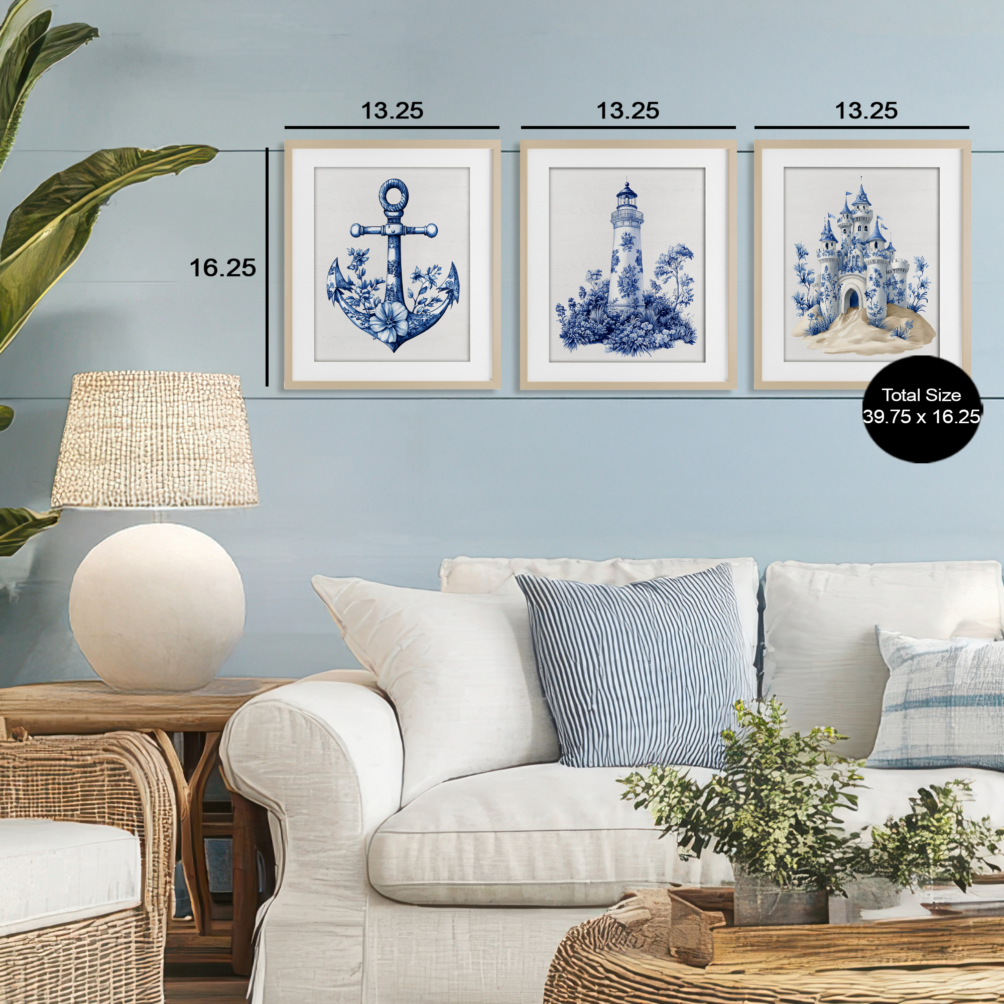 Ornate Nautical Toile Patterns 3 Piece Birch Framed Print Under Glass Set, design by Lettered and Lined
