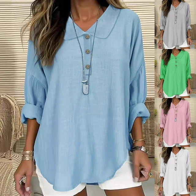 Camisetas para mujer,Camisa informal de manga larga con cuello en V para mujer, blusa de poliéster, tela suave y cómoda, ideal para el hogar y la oficina, sopatenor