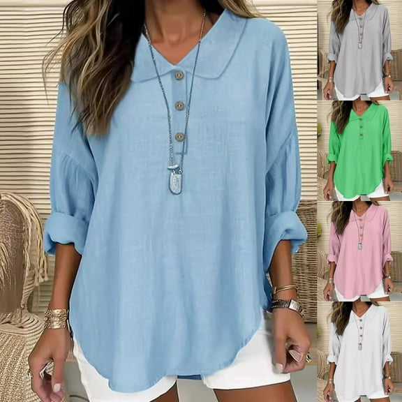 Olyvenn Womens Button Down Shirts Long Sleeve Loose Casual Collared Office Business Work Blouses 2025 Fashion Fall Tops Green M