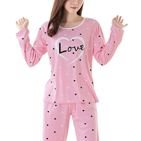 

Cartoon Long Sleeve Pajamas Set Autumn Nightwear Cotton Loungewear Homewear Suit for Women Size M (Pink LOVE)