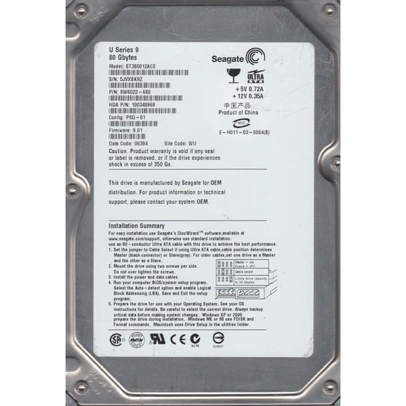 ST380012ACE, 5JV, WU, PN 9W6022-680, FW 9.01, Seagate 80GB IDE 3.5 Hard Drive