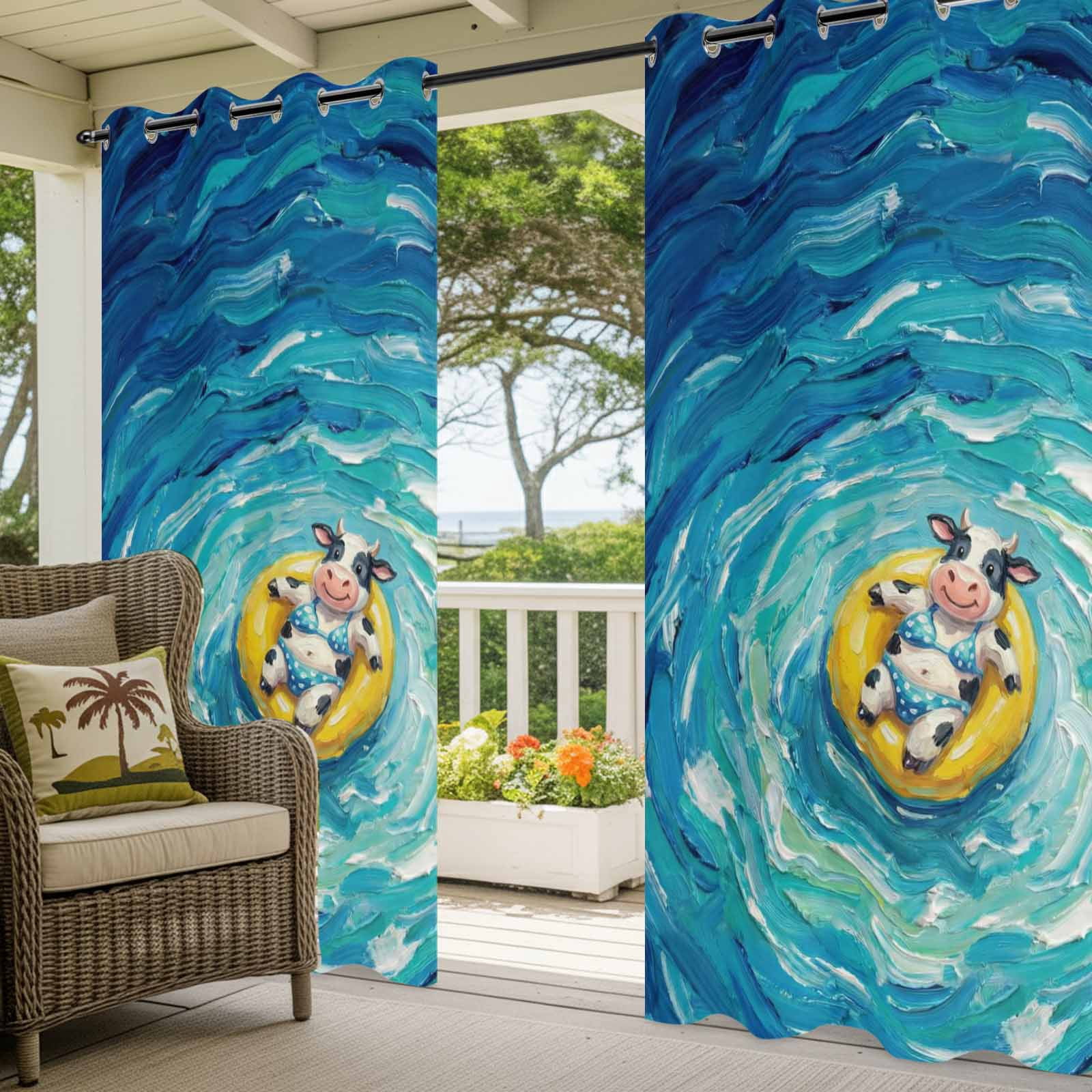 Funny Art Outdoor Curtains for Patio, Summer Cow Swimming Blue Sea View Oil Painting Sunshade Privacy Drapes Grommet Waterproof Outside Curtains for Porch/Cabana/Balcony 54"x 108", 1 Panel