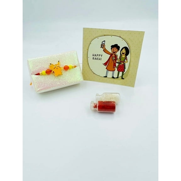 Cute Pikachu Rakhi with Red & Yellow Beads – Raksha Bandhan Special Thread