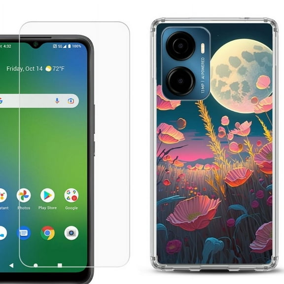 For Cricket Magic 2 5G Phone Case Cover, Shockproof Bumper Hybrid Case with Tempered Glass Screen Protector, by OneToughShield - Moon Poppies