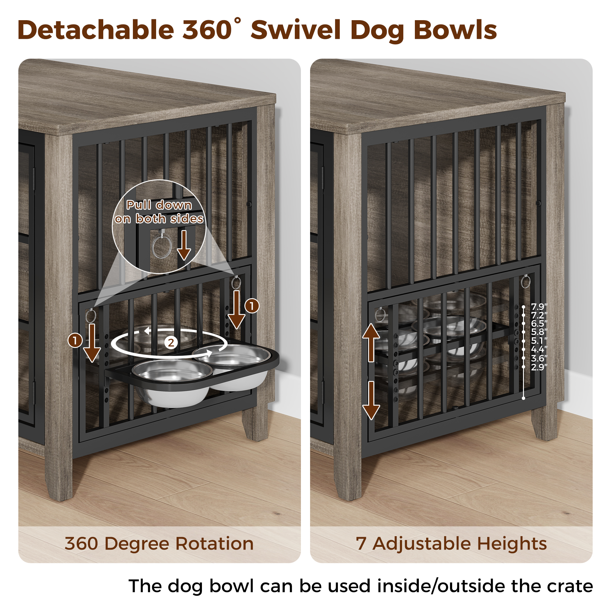 Aufeile Dog Crate with 2 Adjustable Dog Bowls, 37.7" Dog Kennel for Inside, Ideal for Medium to Large Breeds Up to 75 lbs, Gray