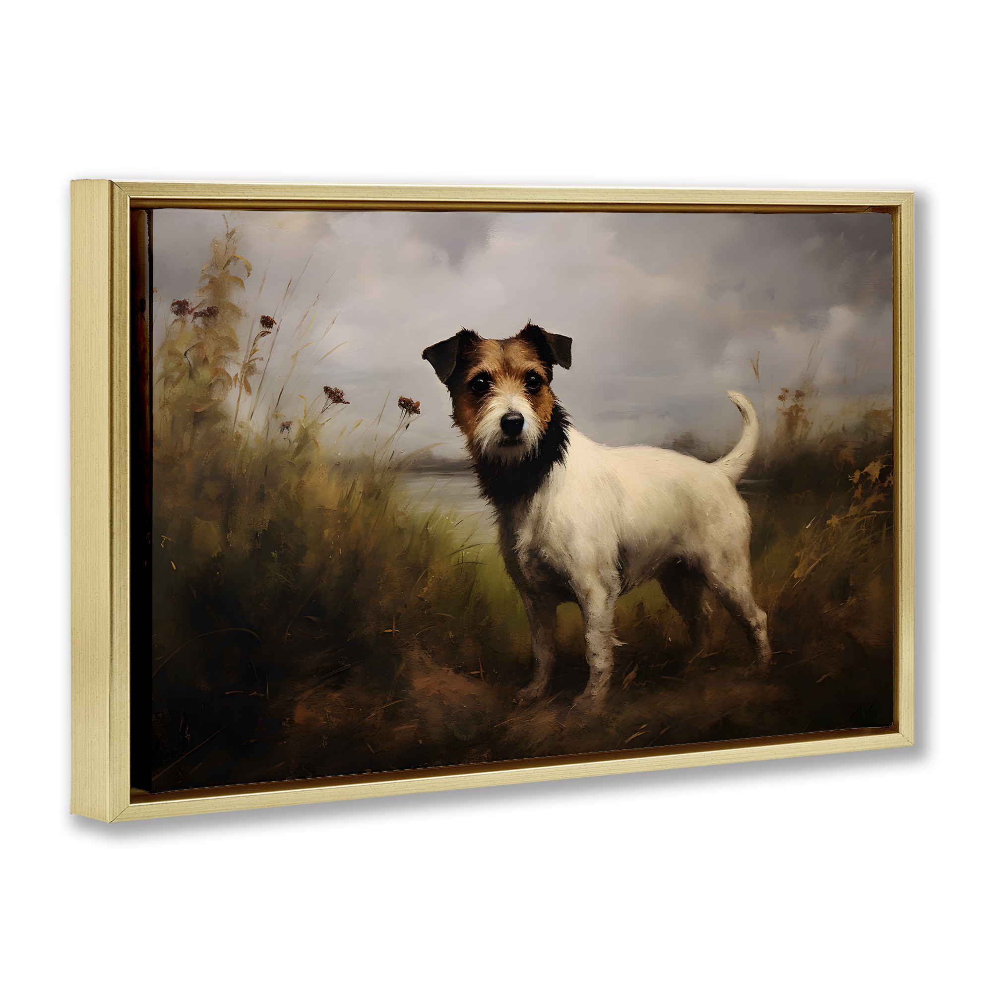 Stupell Industries Jack Russell Terrier Landscape Landscape Painting Gold Floater Framed Canvas Art Print Wall Art, 25 x 17